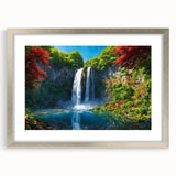 Framed wall art featuring a serene landscape of a cascading waterfall, designed with a silver mat, showcasing vibrant colors and intricate details, perfect for home decor.