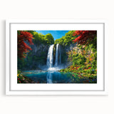 Framed wall art showcasing a serene waterfall landscape in vibrant colors, set in a white mat, ideal for enhancing home decor with a nature-inspired touch.