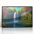 Framed acrylic wall art showcasing a stunning waterfall landscape design with vibrant colors, set against a sleek black frame, perfect for home decor.