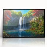 Framed acrylic wall art showcasing a stunning waterfall landscape design with vibrant colors, set against a sleek black frame, perfect for home decor.