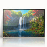Framed acrylic wall art featuring a vibrant landscape of cascading waterfalls, accented by silver tones, perfect for enhancing home decor or office spaces.