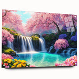 Acrylic glass wall art showcasing a stunning waterfall landscape design, featuring vibrant colors and intricate details, displayed side view with mounting pins.