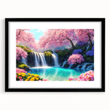 Framed wall art collection showcasing a serene waterfall landscape with vibrant greens and blues, featuring a sleek black frame and white matting for an elegant display. Perfect for nature lovers and home decor enthusiasts.