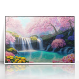 Framed acrylic wall art featuring a vibrant waterfall landscape design, elegantly set in a sleek white frame, perfect for enhancing home décor with nature's beauty.