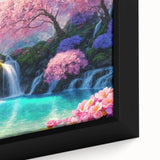 Framed canvas wall art showcasing a vibrant waterfall landscape with lush greenery and a serene blue sky, ideal for home decor and nature enthusiasts.