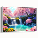 Framed canvas wall art featuring a vibrant waterfall landscape design, showcasing rich blues and greens, elegantly displayed against a white background. Perfect for nature lovers seeking to enhance their home decor with serene and inspiring artwork.