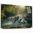 Acrylic wall art showcasing a stunning landscape waterfall design, displayed from a side view with pins for mounting, perfect for enhancing any décor.