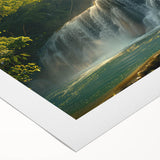 Stunning rolled canvas wall art depicting a vibrant waterfall landscape, showcasing lush greenery and flowing water, perfect for home decor enhancement.