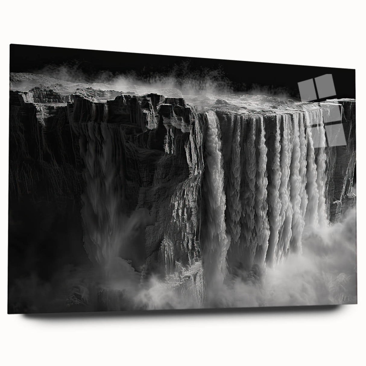 Acrylic glass wall art showcasing a stunning waterfall landscape design, presented from a side view, ideal for modern home decor. The vibrant colors and intricate details enhance any living space while creating a serene atmosphere.