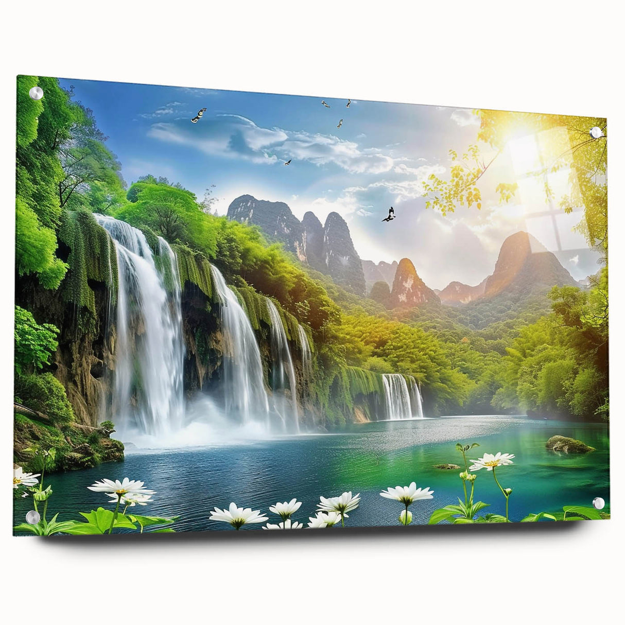 Acrylic glass wall art showcasing a vibrant waterfall landscape design, featuring rich blues and greens, displayed from a side view with decorative pins. Perfect for nature-inspired interior decor.