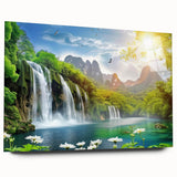 Acrylic glass wall art collection featuring a stunning landscape waterfall design, showcased in a sleek side view without pins. Ideal for home decor enthusiasts.
