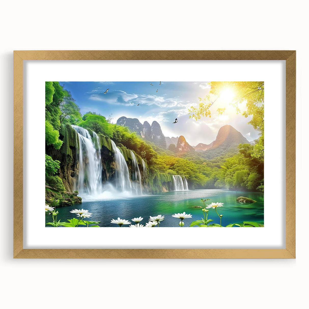 Framed wall art featuring a vibrant waterfall landscape design, set in a gold frame with a mat, ideal for enhancing home decor with nature's beauty.