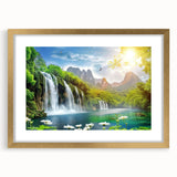 Framed wall art featuring a vibrant waterfall landscape design, set in a gold frame with a mat, ideal for enhancing home decor with nature's beauty.