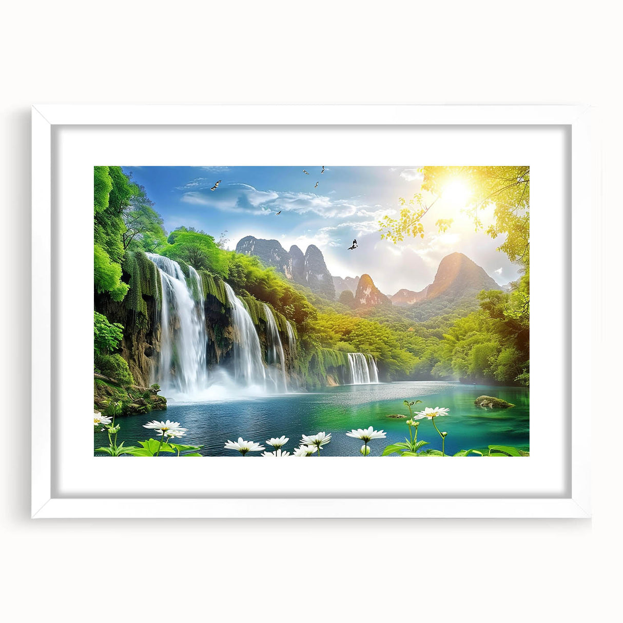 Framed wall art showcasing a serene waterfall landscape, featuring vibrant colors and natural scenery, with a white mat and frame, perfect for home decor.