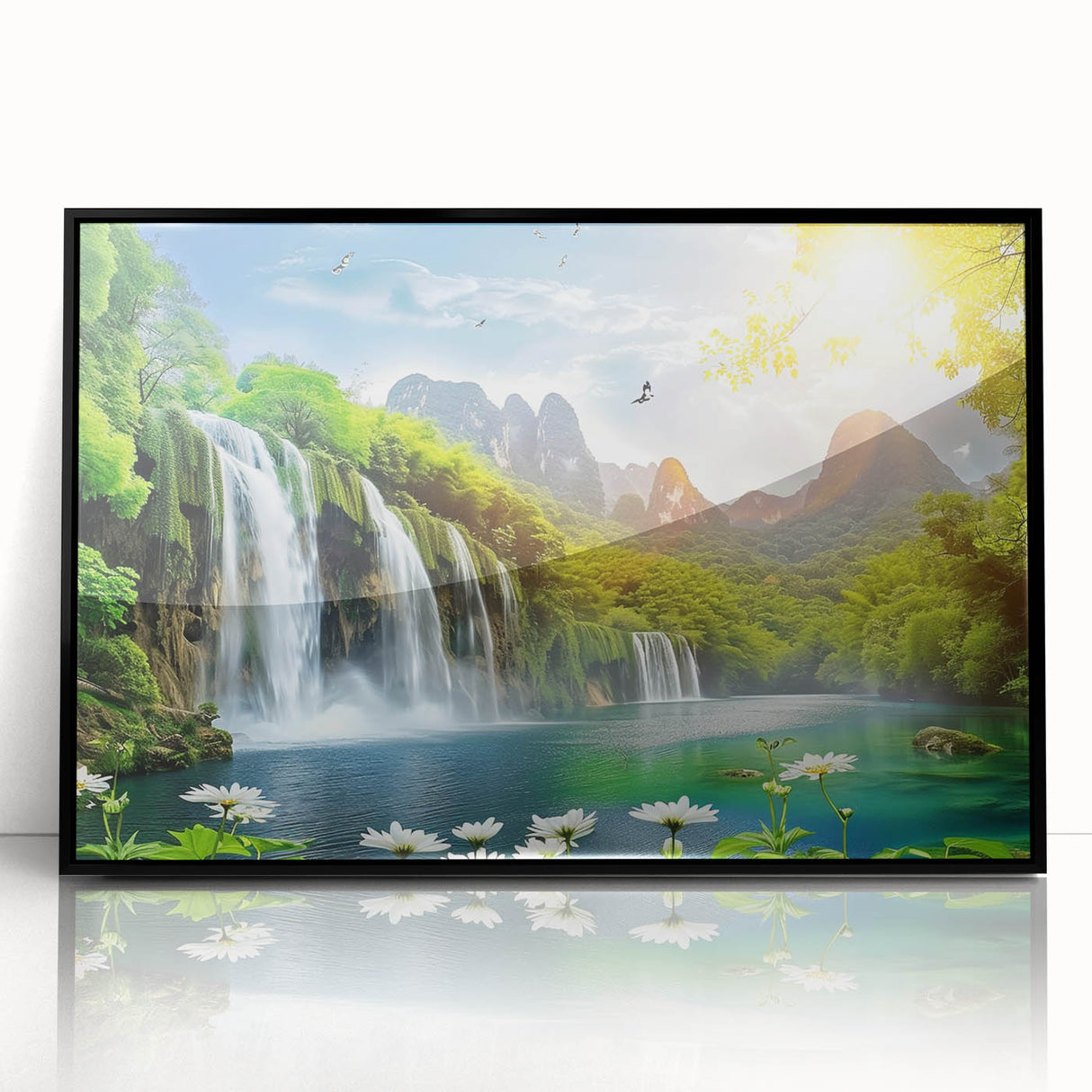 Framed acrylic wall art featuring a stunning landscape of cascading waterfalls, set in a sleek black frame, perfect for enhancing home décor and adding a touch of nature.