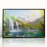 Framed acrylic wall art featuring a stunning landscape of cascading waterfalls, set in a sleek black frame, perfect for enhancing home décor and adding a touch of nature.