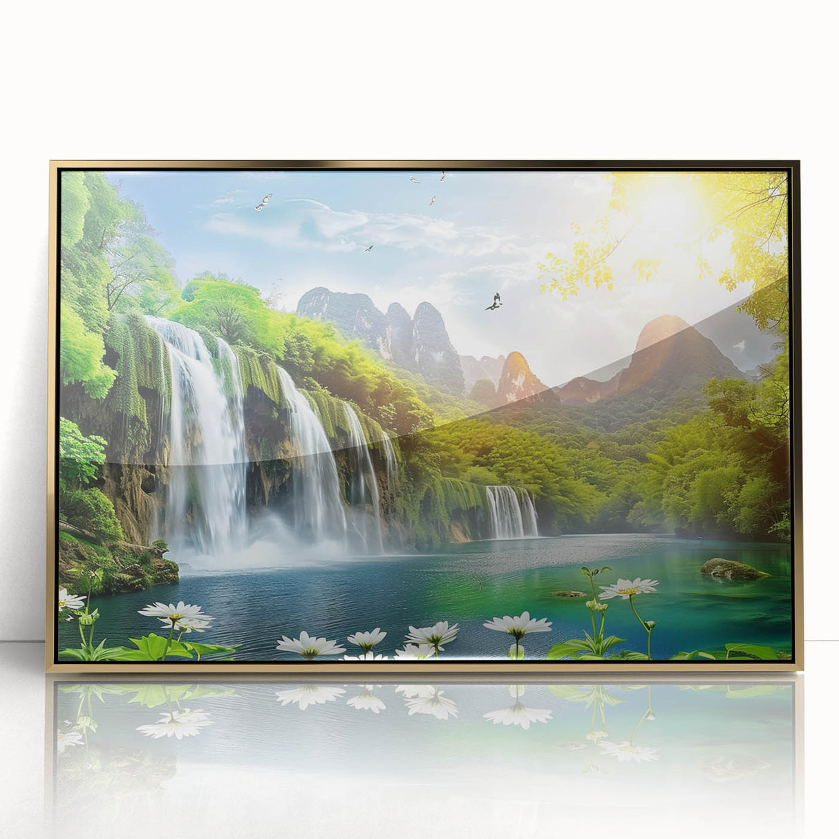 Framed wall art showcasing a stunning waterfall landscape design, accented with a gold frame, perfect for adding elegance to home decor. The acrylic finish enhances the vivid colors of the natural scene, making it a captivating focal point for any room.