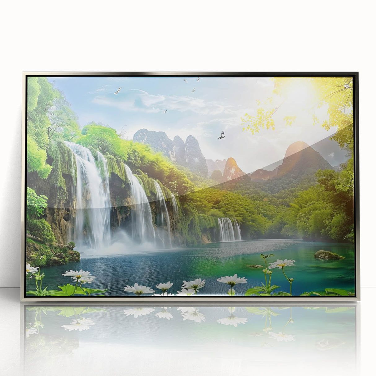 Framed acrylic wall art featuring a stunning landscape of a waterfall, with vibrant colors and intricate details, perfect for enhancing modern home decor.
