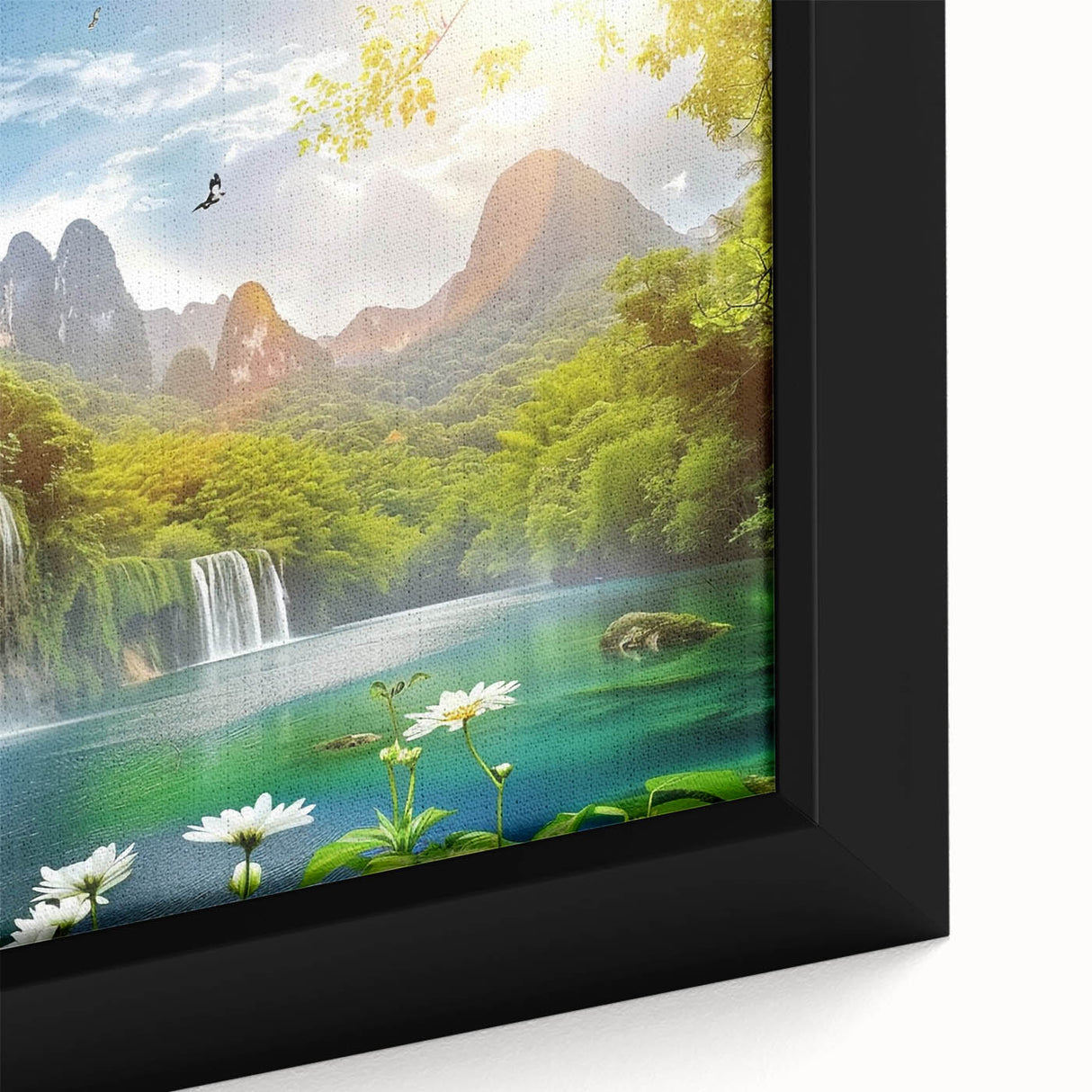 Framed canvas wall art showcasing a vibrant waterfall landscape with rich greens and blues, ideal for enhancing home decor in living rooms or offices.