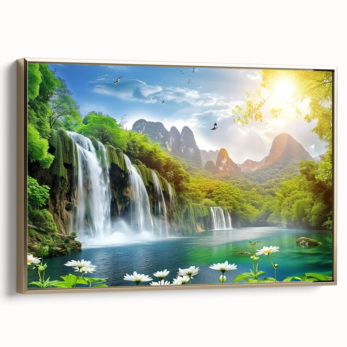 Framed canvas wall art showcasing a serene waterfall landscape in vibrant colors, accented with a luxurious gold frame, ideal for modern home decor.