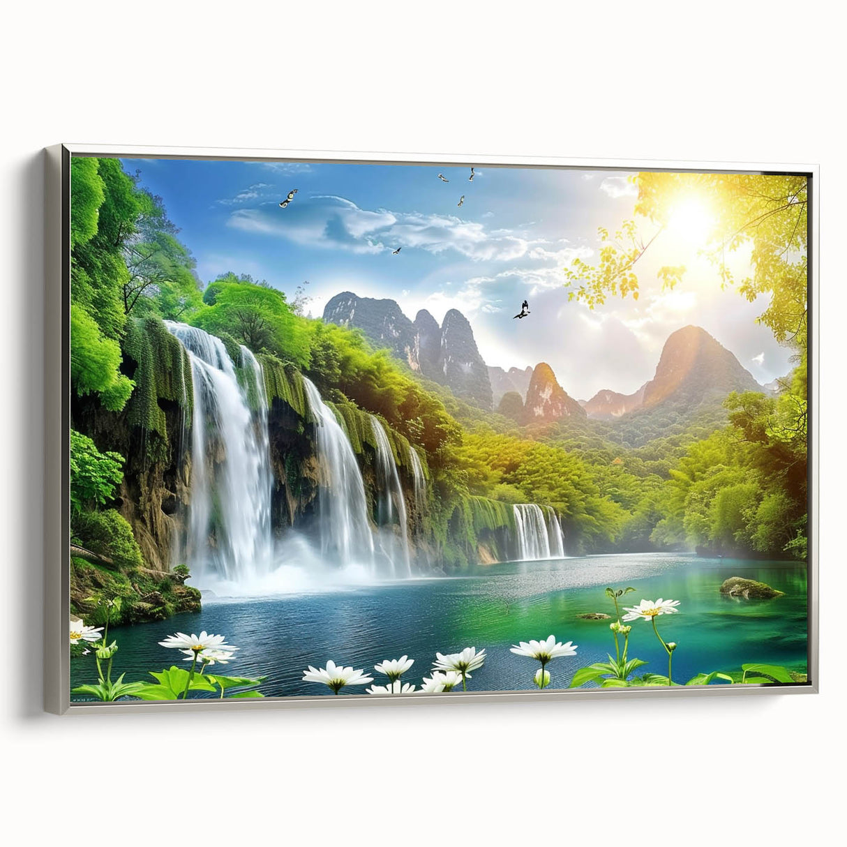 Framed canvas wall art depicting a serene waterfall landscape, featuring vibrant colors and intricate details, designed to enhance interior decor with a silver frame.