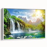 Framed canvas wall art showcasing a serene waterfall landscape in vibrant colors, ideal for home decor. The artwork features a white frame and a side view, emphasizing its elegant design and natural beauty. Perfect for enhancing living spaces with a touch of tranquility.