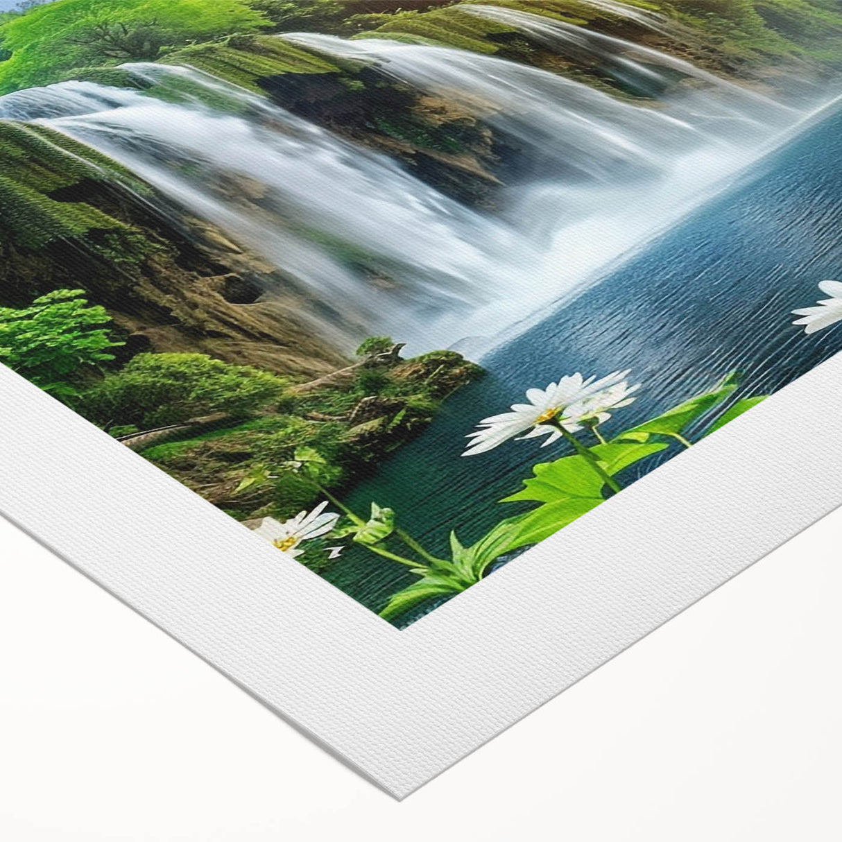 Vibrant rolled canvas wall art showcasing a stunning waterfall landscape design, featuring rich blues and greens, perfect for home decor or art enthusiasts.