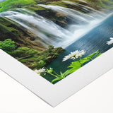 Vibrant rolled canvas wall art showcasing a stunning waterfall landscape design, featuring rich blues and greens, perfect for home decor or art enthusiasts.