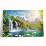Stretched canvas wall art featuring a vibrant waterfall landscape design, showcasing lush greenery and cascading water, perfect for home decor enhancement.