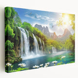 Stretched canvas wall art showcasing a vibrant waterfall landscape, featuring lush greenery and cascading water, ideal for adding a serene touch to home decor.