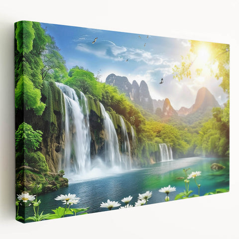 Stretched canvas wall art showcasing a vibrant waterfall landscape, featuring lush greenery and cascading water, ideal for adding a serene touch to home decor.