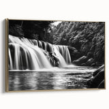 Framed canvas wall art showcasing a serene waterfall landscape with gold accents, ideal for home decor. Perfect for adding a touch of elegance to any room.
