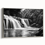 Framed canvas wall art showcasing a stunning waterfall landscape design with silver accents, ideal for home decor, enhancing any room's ambiance.