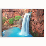 Stretched canvas artwork showcasing a vibrant waterfall landscape, featuring lush greenery and cascading water, ideal for home decor and nature lovers.