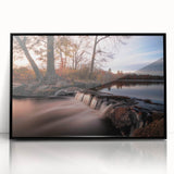 Framed acrylic wall art showcasing a stunning landscape waterfall design, featuring vibrant colors and a sleek black frame, perfect for home decor.