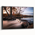 Framed canvas wall art featuring a serene waterfall landscape, showcasing vibrant blues and greens, with a sleek black frame enhancing the design. Perfect for home decor.