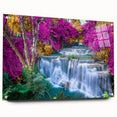 Acrylic glass wall art featuring a stunning waterfall landscape design, showcasing vivid colors and intricate details, displayed from a side view with pins. Ideal for modern home decor.