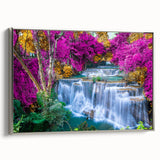 Framed canvas wall art showcasing a serene waterfall landscape with silver accents, perfect for home decor, highlighting calming nature vibes and artistic design.