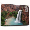Acrylic glass wall art showcasing a stunning waterfall landscape design, side view displaying vibrant colors and clear detail, ideal for home decor.
