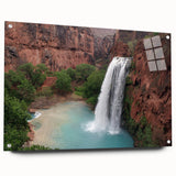Acrylic glass wall art showcasing a stunning waterfall landscape design, side view displaying vibrant colors and clear detail, ideal for home decor.
