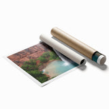 Vibrant landscape wall art print showcasing a serene waterfall surrounded by lush greenery, designed for home decor. High-quality rolled canvas suitable for framing.