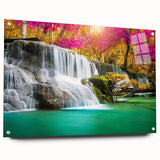 Side view of a stunning acrylic glass wall art collection featuring vibrant landscapes and waterfalls, showcasing intricate details and vivid colors, perfect for home decor.