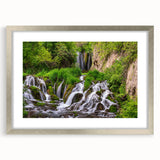 Framed wall art collection showcasing a serene waterfall landscape design with silver matting, perfect for enhancing home decor and creating a tranquil ambiance.