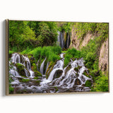 Framed wall art collection showcasing a vibrant waterfall landscape design, featuring gold accents and a sleek side view that complements modern decor. Ideal for nature enthusiasts and interior design lovers.