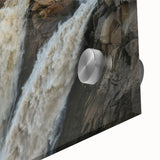 Close-up of a vibrant acrylic glass wall art piece showcasing a serene waterfall landscape, featuring lush green foliage and cascading water for a tranquil home decor accent. Perfect for nature lovers and modern interiors, this design adds a refreshing touch to any space.