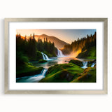 Framed wall art showcasing a serene waterfall landscape design with a silver mat and frame, perfect for enhancing home decor with nature-inspired elegance.