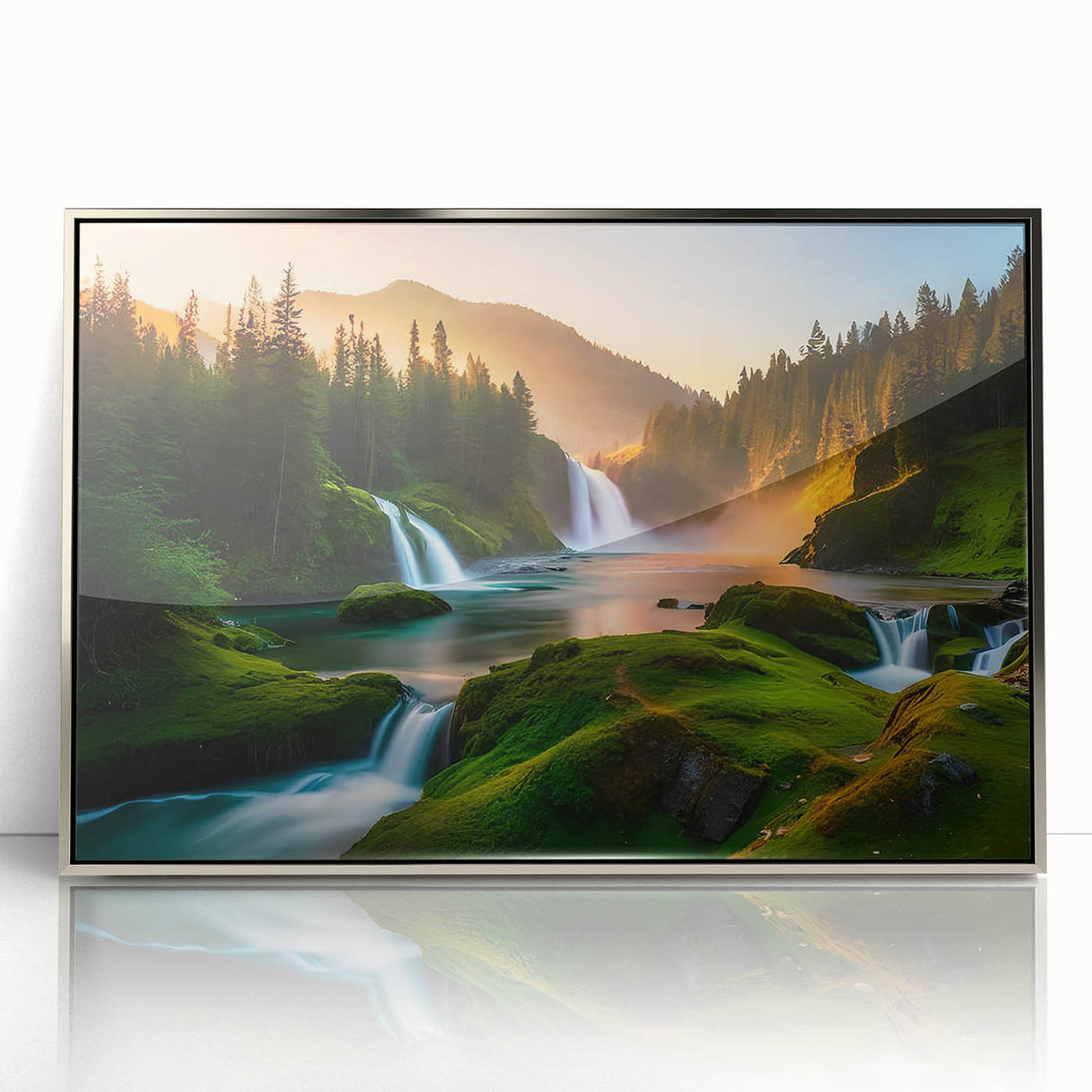 Framed wall art featuring a stunning waterfall landscape design, elegantly presented in a silver frame with acrylic glass, ideal for home decor.