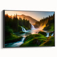 Framed canvas wall art depicting a serene waterfall landscape, featuring lush greenery and vibrant colors, viewed from the side with a sleek black frame. Perfect for nature-themed decor.