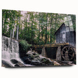 Side view of a modern acrylic glass wall art piece depicting a serene landscape with watermills, showcasing vibrant colors and intricate details, ideal for home decor.