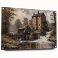 Acrylic wall art piece showcasing a serene landscape with a watermill, presented in a side view. The design features vibrant colors and intricate details, ideal for home decor.